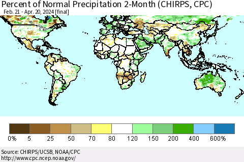 World Percent of Normal Precipitation 2-Month (CHIRPS) Thematic Map For 2/21/2024 - 4/20/2024