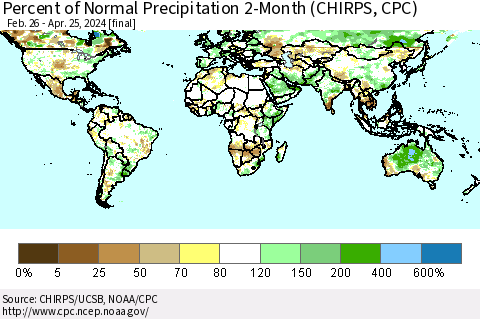 World Percent of Normal Precipitation 2-Month (CHIRPS) Thematic Map For 2/26/2024 - 4/25/2024