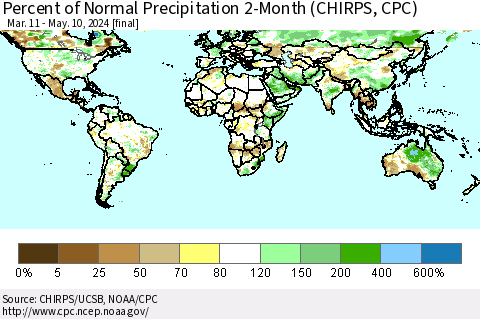 World Percent of Normal Precipitation 2-Month (CHIRPS) Thematic Map For 3/11/2024 - 5/10/2024
