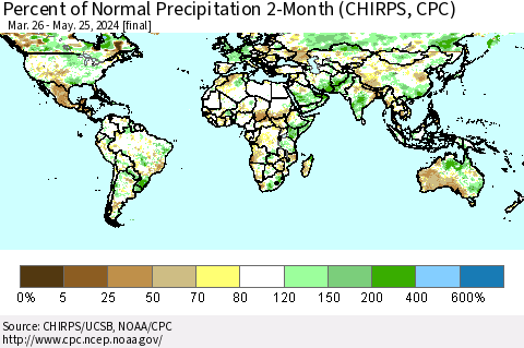 World Percent of Normal Precipitation 2-Month (CHIRPS) Thematic Map For 3/26/2024 - 5/25/2024
