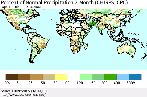 World Percent of Normal Precipitation 2-Month (CHIRPS) Thematic Map For 4/11/2024 - 6/10/2024
