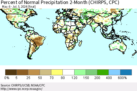 World Percent of Normal Precipitation 2-Month (CHIRPS) Thematic Map For 5/6/2024 - 7/5/2024