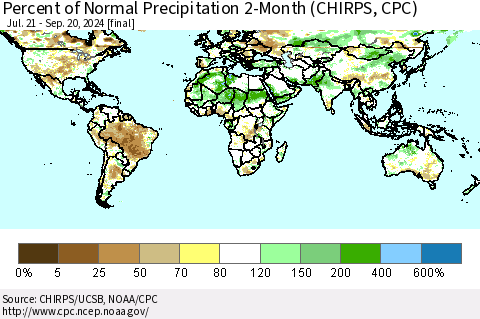 World Percent of Normal Precipitation 2-Month (CHIRPS) Thematic Map For 7/21/2024 - 9/20/2024