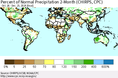 World Percent of Normal Precipitation 2-Month (CHIRPS) Thematic Map For 10/26/2024 - 12/25/2024