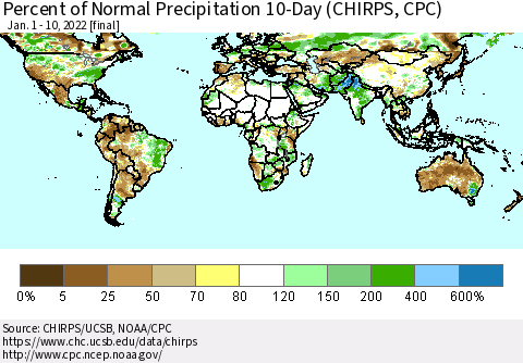 World Percent of Normal Precipitation 10-Day (CHIRPS) Thematic Map For 1/1/2022 - 1/10/2022