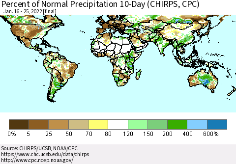 World Percent of Normal Precipitation 10-Day (CHIRPS) Thematic Map For 1/16/2022 - 1/25/2022