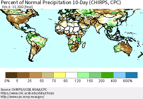 World Percent of Normal Precipitation 10-Day (CHIRPS) Thematic Map For 2/6/2022 - 2/15/2022