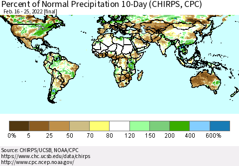 World Percent of Normal Precipitation 10-Day (CHIRPS) Thematic Map For 2/16/2022 - 2/25/2022
