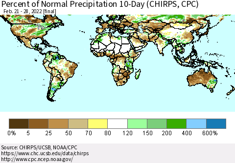 World Percent of Normal Precipitation 10-Day (CHIRPS) Thematic Map For 2/21/2022 - 2/28/2022