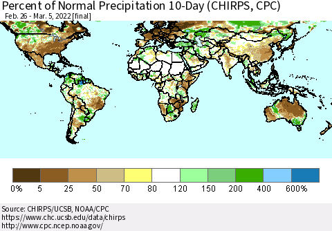 World Percent of Normal Precipitation 10-Day (CHIRPS) Thematic Map For 2/26/2022 - 3/5/2022