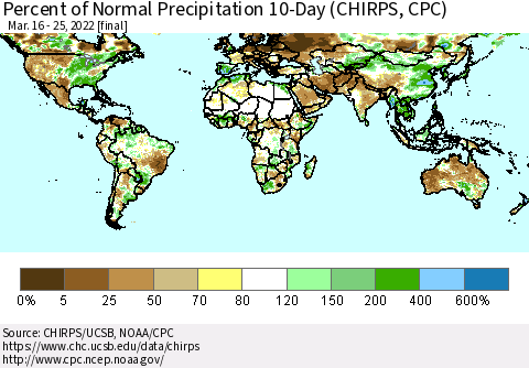 World Percent of Normal Precipitation 10-Day (CHIRPS) Thematic Map For 3/16/2022 - 3/25/2022