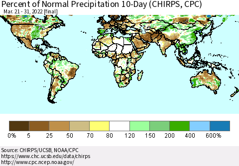 World Percent of Normal Precipitation 10-Day (CHIRPS) Thematic Map For 3/21/2022 - 3/31/2022
