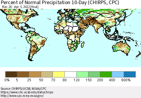World Percent of Normal Precipitation 10-Day (CHIRPS) Thematic Map For 3/26/2022 - 4/5/2022