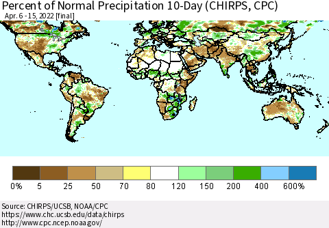World Percent of Normal Precipitation 10-Day (CHIRPS) Thematic Map For 4/6/2022 - 4/15/2022