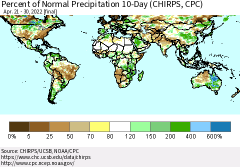 World Percent of Normal Precipitation 10-Day (CHIRPS) Thematic Map For 4/21/2022 - 4/30/2022