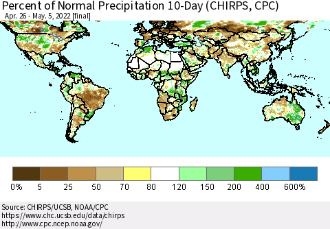 World Percent of Normal Precipitation 10-Day (CHIRPS) Thematic Map For 4/26/2022 - 5/5/2022