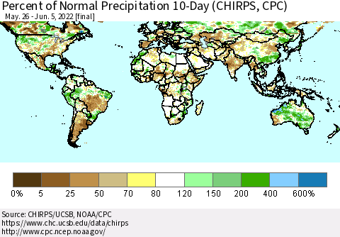 World Percent of Normal Precipitation 10-Day (CHIRPS) Thematic Map For 5/26/2022 - 6/5/2022