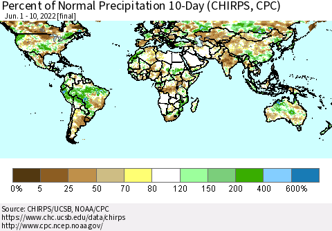 World Percent of Normal Precipitation 10-Day (CHIRPS) Thematic Map For 6/1/2022 - 6/10/2022