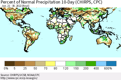 World Percent of Normal Precipitation 10-Day (CHIRPS) Thematic Map For 6/21/2022 - 6/30/2022