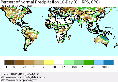 World Percent of Normal Precipitation 10-Day (CHIRPS) Thematic Map For 6/26/2022 - 7/5/2022