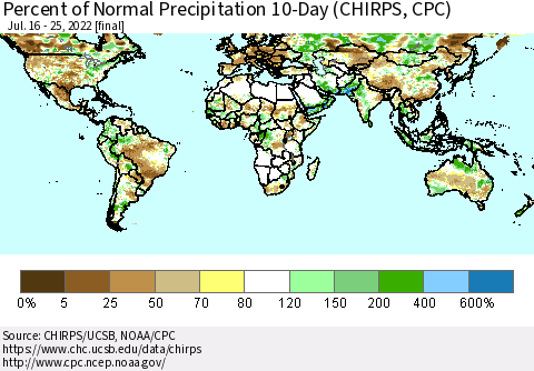 World Percent of Normal Precipitation 10-Day (CHIRPS) Thematic Map For 7/16/2022 - 7/25/2022