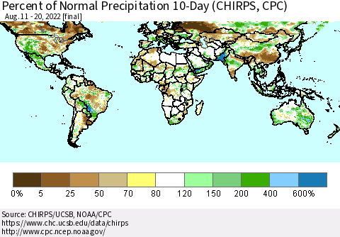 World Percent of Normal Precipitation 10-Day (CHIRPS) Thematic Map For 8/11/2022 - 8/20/2022
