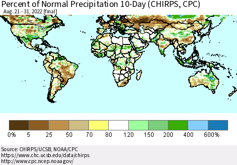 World Percent of Normal Precipitation 10-Day (CHIRPS) Thematic Map For 8/21/2022 - 8/31/2022