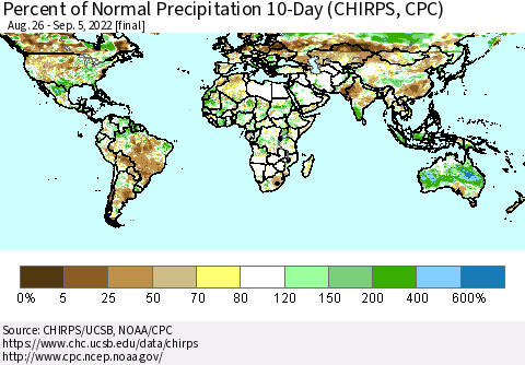 World Percent of Normal Precipitation 10-Day (CHIRPS) Thematic Map For 8/26/2022 - 9/5/2022