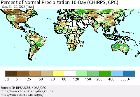 World Percent of Normal Precipitation 10-Day (CHIRPS) Thematic Map For 9/21/2022 - 9/30/2022