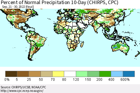 World Percent of Normal Precipitation 10-Day (CHIRPS) Thematic Map For 9/21/2022 - 9/30/2022