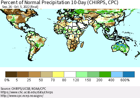World Percent of Normal Precipitation 10-Day (CHIRPS) Thematic Map For 9/26/2022 - 10/5/2022