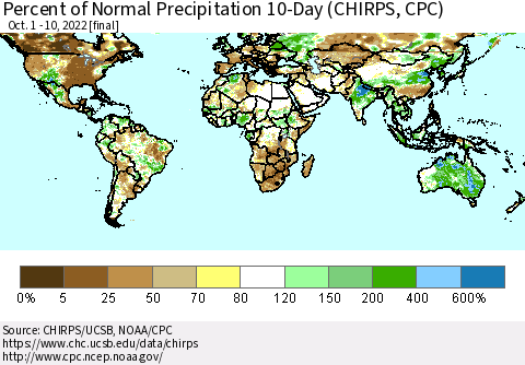 World Percent of Normal Precipitation 10-Day (CHIRPS) Thematic Map For 10/1/2022 - 10/10/2022