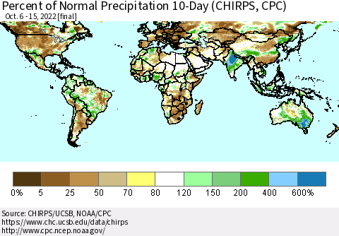 World Percent of Normal Precipitation 10-Day (CHIRPS) Thematic Map For 10/6/2022 - 10/15/2022