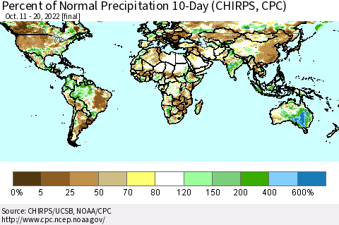 World Percent of Normal Precipitation 10-Day (CHIRPS) Thematic Map For 10/11/2022 - 10/20/2022