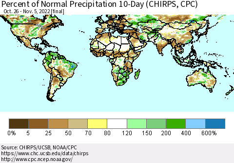 World Percent of Normal Precipitation 10-Day (CHIRPS) Thematic Map For 10/26/2022 - 11/5/2022