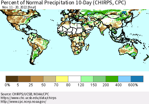 World Percent of Normal Precipitation 10-Day (CHIRPS) Thematic Map For 11/11/2022 - 11/20/2022