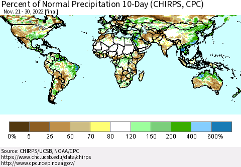 World Percent of Normal Precipitation 10-Day (CHIRPS) Thematic Map For 11/21/2022 - 11/30/2022