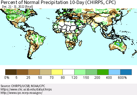 World Percent of Normal Precipitation 10-Day (CHIRPS) Thematic Map For 12/21/2022 - 12/31/2022