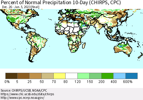World Percent of Normal Precipitation 10-Day (CHIRPS) Thematic Map For 12/26/2022 - 1/5/2023