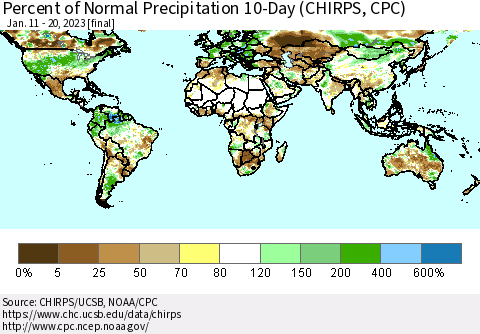 World Percent of Normal Precipitation 10-Day (CHIRPS) Thematic Map For 1/11/2023 - 1/20/2023