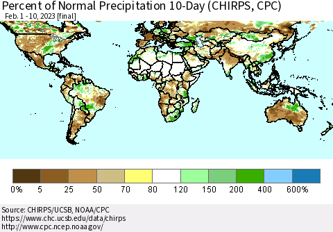 World Percent of Normal Precipitation 10-Day (CHIRPS) Thematic Map For 2/1/2023 - 2/10/2023