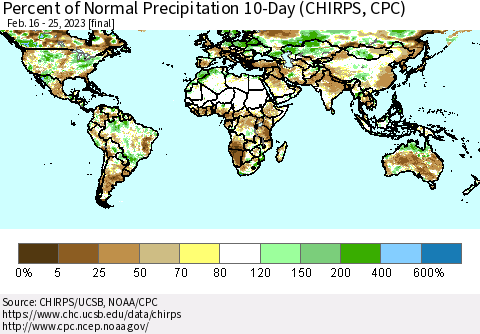 World Percent of Normal Precipitation 10-Day (CHIRPS) Thematic Map For 2/16/2023 - 2/25/2023