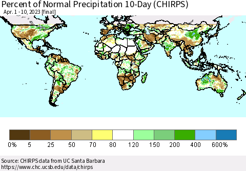 World Percent of Normal Precipitation 10-Day (CHIRPS) Thematic Map For 4/1/2023 - 4/10/2023