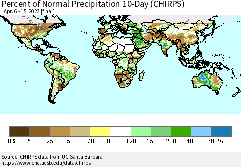 World Percent of Normal Precipitation 10-Day (CHIRPS) Thematic Map For 4/6/2023 - 4/15/2023