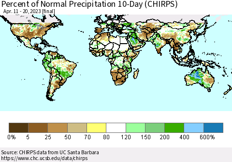 World Percent of Normal Precipitation 10-Day (CHIRPS) Thematic Map For 4/11/2023 - 4/20/2023