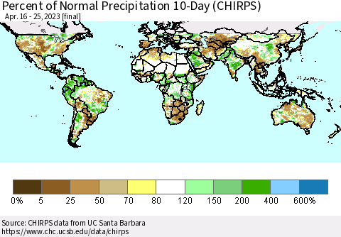 World Percent of Normal Precipitation 10-Day (CHIRPS) Thematic Map For 4/16/2023 - 4/25/2023