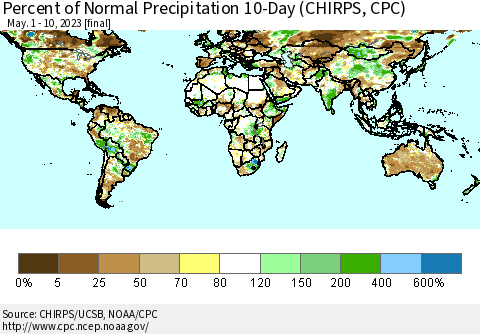 World Percent of Normal Precipitation 10-Day (CHIRPS) Thematic Map For 5/1/2023 - 5/10/2023