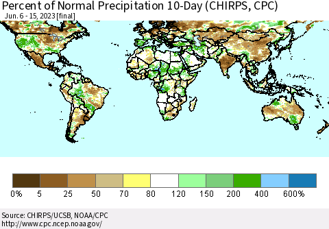 World Percent of Normal Precipitation 10-Day (CHIRPS) Thematic Map For 6/6/2023 - 6/15/2023