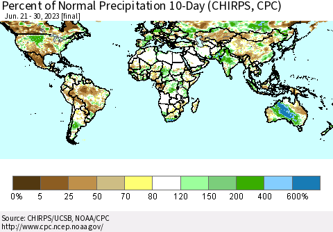 World Percent of Normal Precipitation 10-Day (CHIRPS) Thematic Map For 6/21/2023 - 6/30/2023
