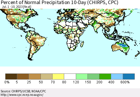 World Percent of Normal Precipitation 10-Day (CHIRPS) Thematic Map For 7/1/2023 - 7/10/2023